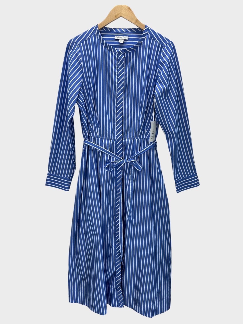 Free Assembly Striped Cotton Midi Shirt Dress Blue White Belted Modest Preppy L - Picture 5 of 14